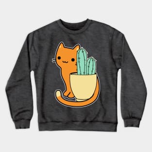 Blue cactus and orange cartoon cat Crewneck Sweatshirt